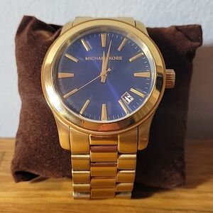 Michael Kors Runway Gold Watch w/ Blue face dial MK7049 OG Box Receipt Tag Links